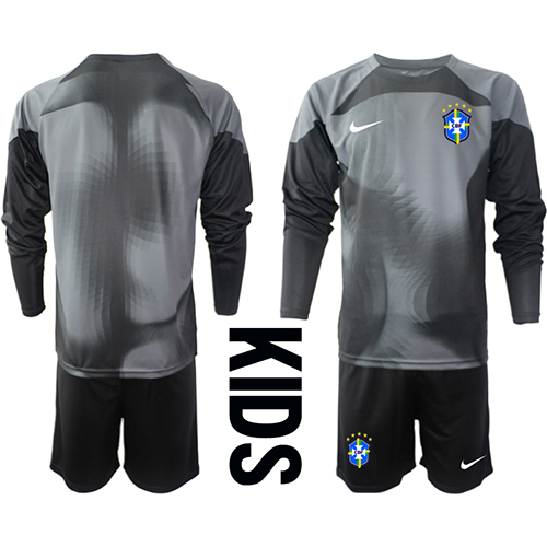 Camisa de Futebol Brasil Goleiro Equipamento Principal Infantil Mundo 2022 Manga Comprida (+ Calças curtas)
